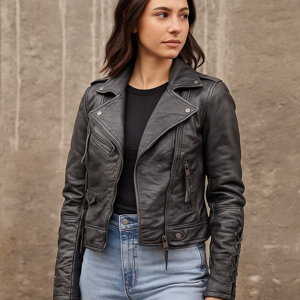 BLANKNYC Faux Leather Moto Jacket‎ Womens L Gray Lace Up Sleeves Zip Biker Edgy